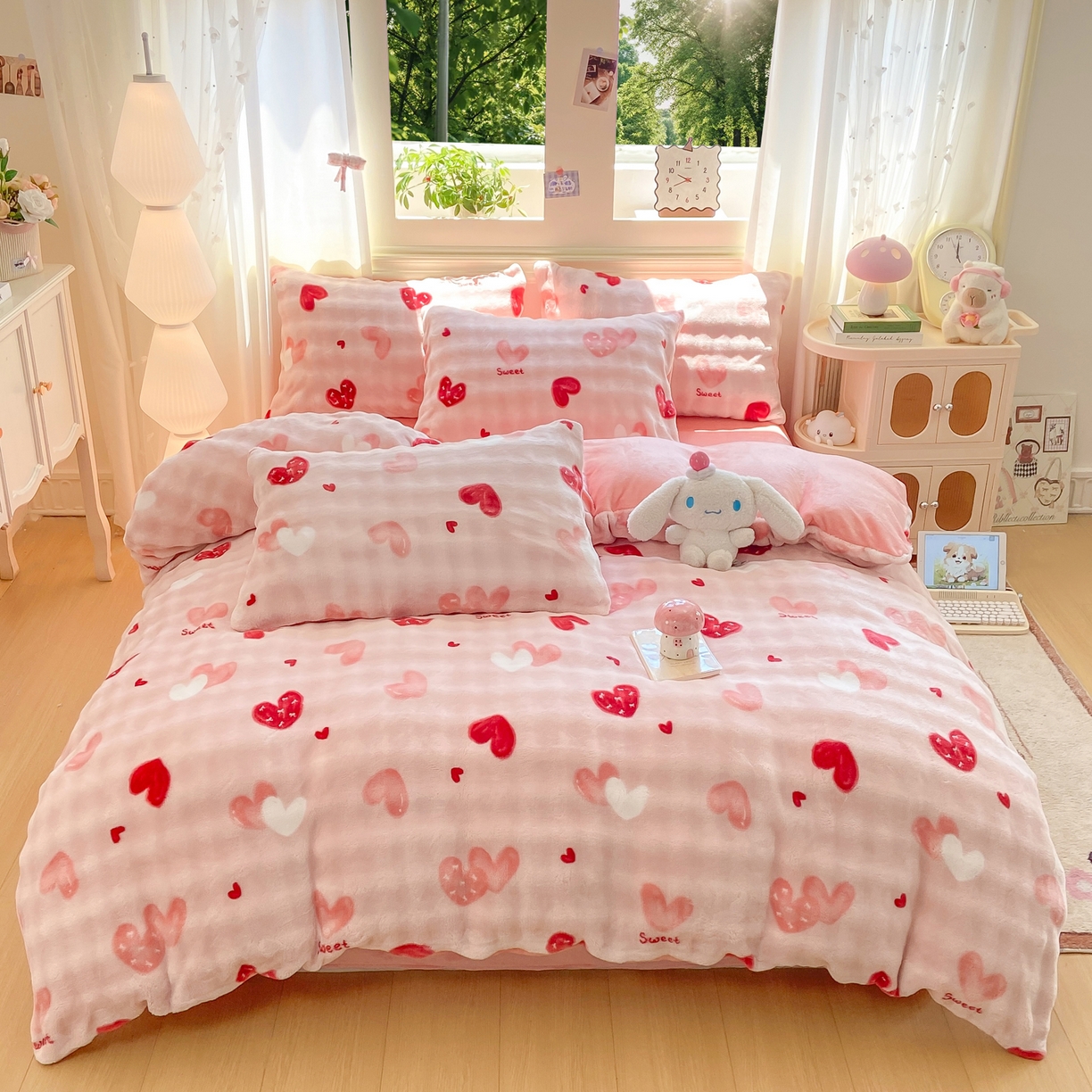 91家纺网 家纺一手货源 找家纺 耐思家纺 2025新款泡泡牛奶绒印花四件套系列 泡泡-甜心粉