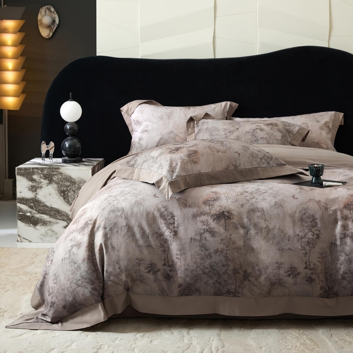 涵宸家纺 2025新款50S全棉磨毛拼角款四件套【更多花型 联系商家电话：17798859966 微信同号，网站：www.hanchenjf.com】 墨苒（咖）