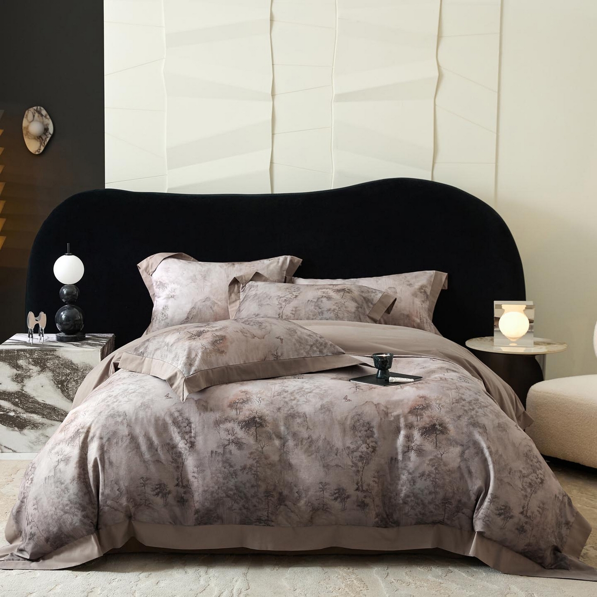 91家纺网 家纺一手货源 找家纺 涵宸家纺 2025新款50S全棉磨毛拼角款四件套【更多花型 联系商家电话：17798859966 微信同号，网站：www.hanchenjf.com】 墨苒（咖）