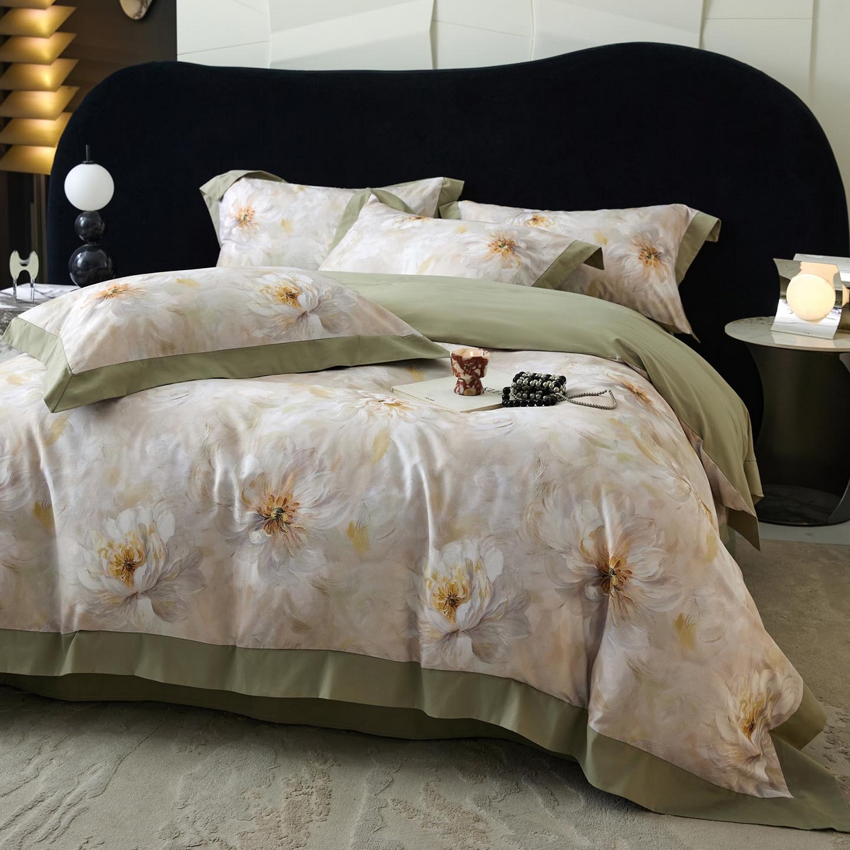 91家纺网 家纺一手货源 找家纺 涵宸家纺 2025新款50S全棉磨毛拼角款四件套【更多花型 联系商家电话：17798859966 微信同号，网站：www.hanchenjf.com】 清影华韵（灰）