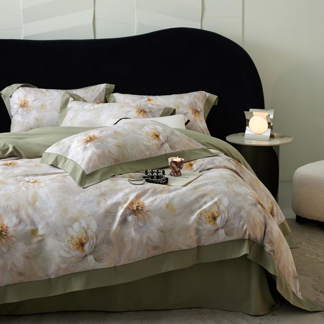 91家纺网 家纺一手货源 找家纺 涵宸家纺 2025新款50S全棉磨毛拼角款四件套【更多花型 联系商家电话：17798859966 微信同号，网站：www.hanchenjf.com】 清影华韵（灰）