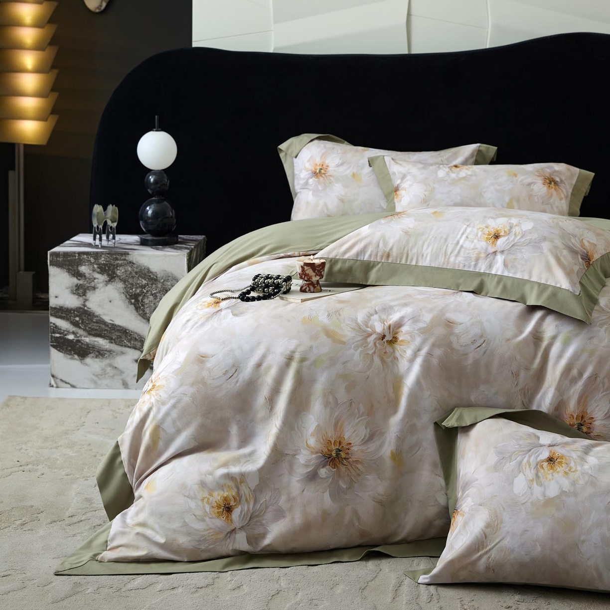 91家纺网 家纺一手货源 找家纺 涵宸家纺 2025新款50S全棉磨毛拼角款四件套【更多花型 联系商家电话：17798859966 微信同号，网站：www.hanchenjf.com】 清影华韵（灰）