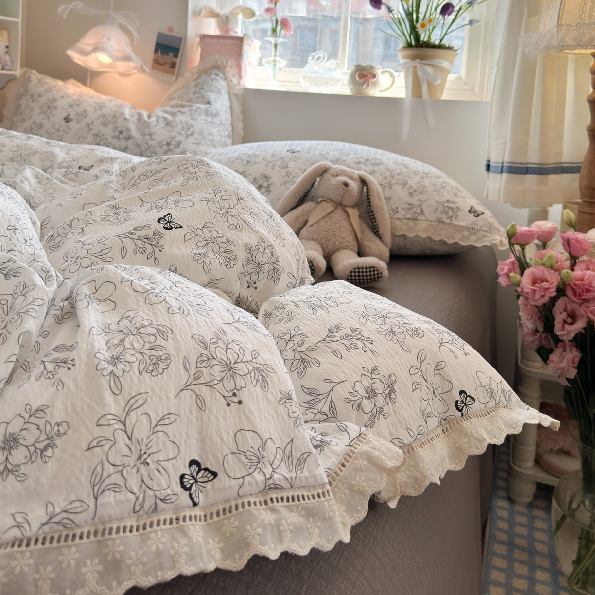 91家纺网 家纺一手货源 找家纺 优卡迪家纺馆 2025新款A类全棉镂空花边皱皱棉双层纱四件套 蝶舞