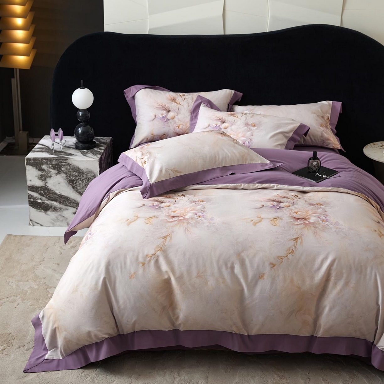 91家纺网 家纺一手货源 找家纺 涵宸家纺 2025新款50S全棉磨毛拼角款四件套【更多花型 联系商家电话：17798859966 微信同号，网站：www.hanchenjf.com】 漾花（粉）