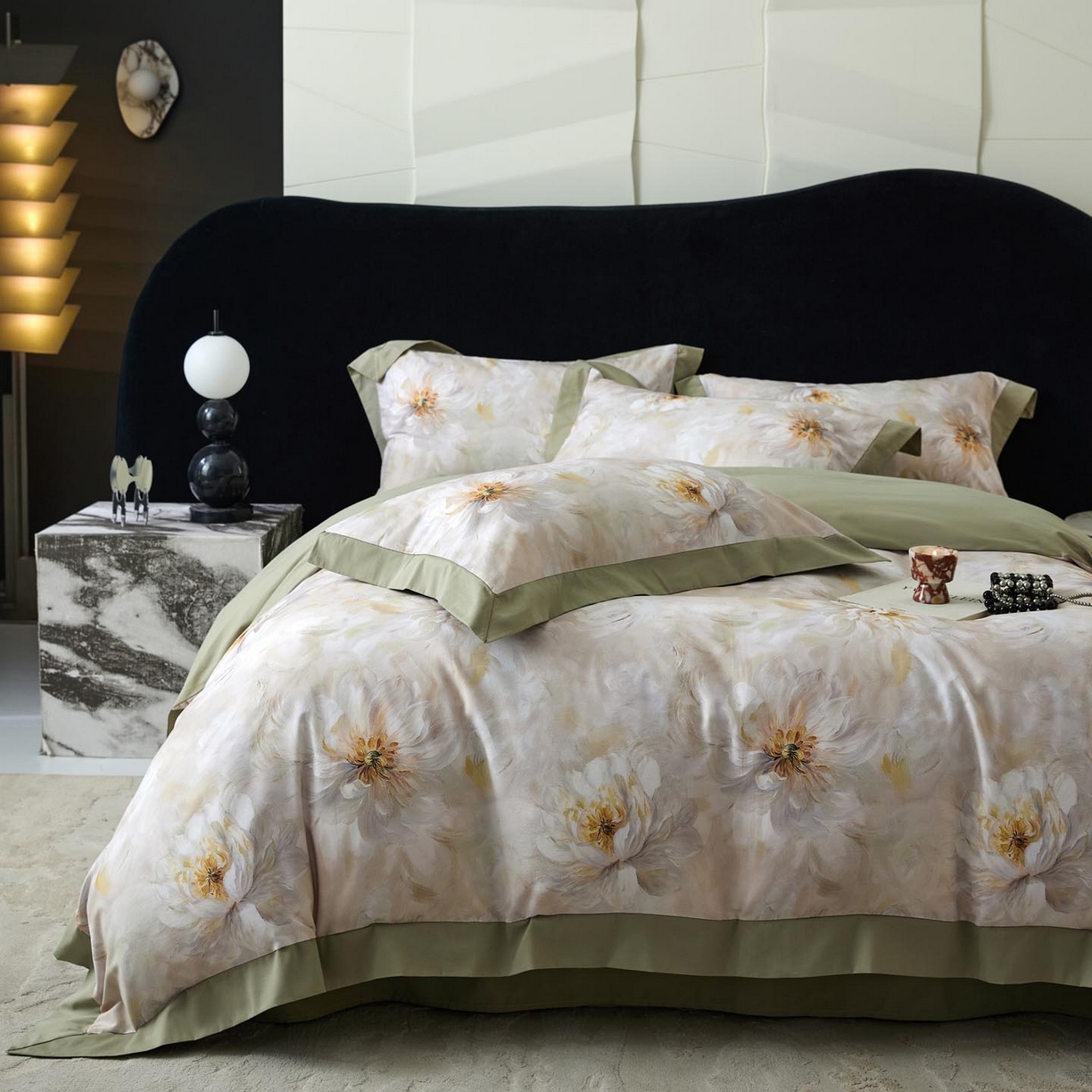 涵宸家纺 2025新款50S全棉磨毛拼角款四件套【更多花型 联系商家电话：17798859966 微信同号，网站：www.hanchenjf.com】 清影华韵（灰）