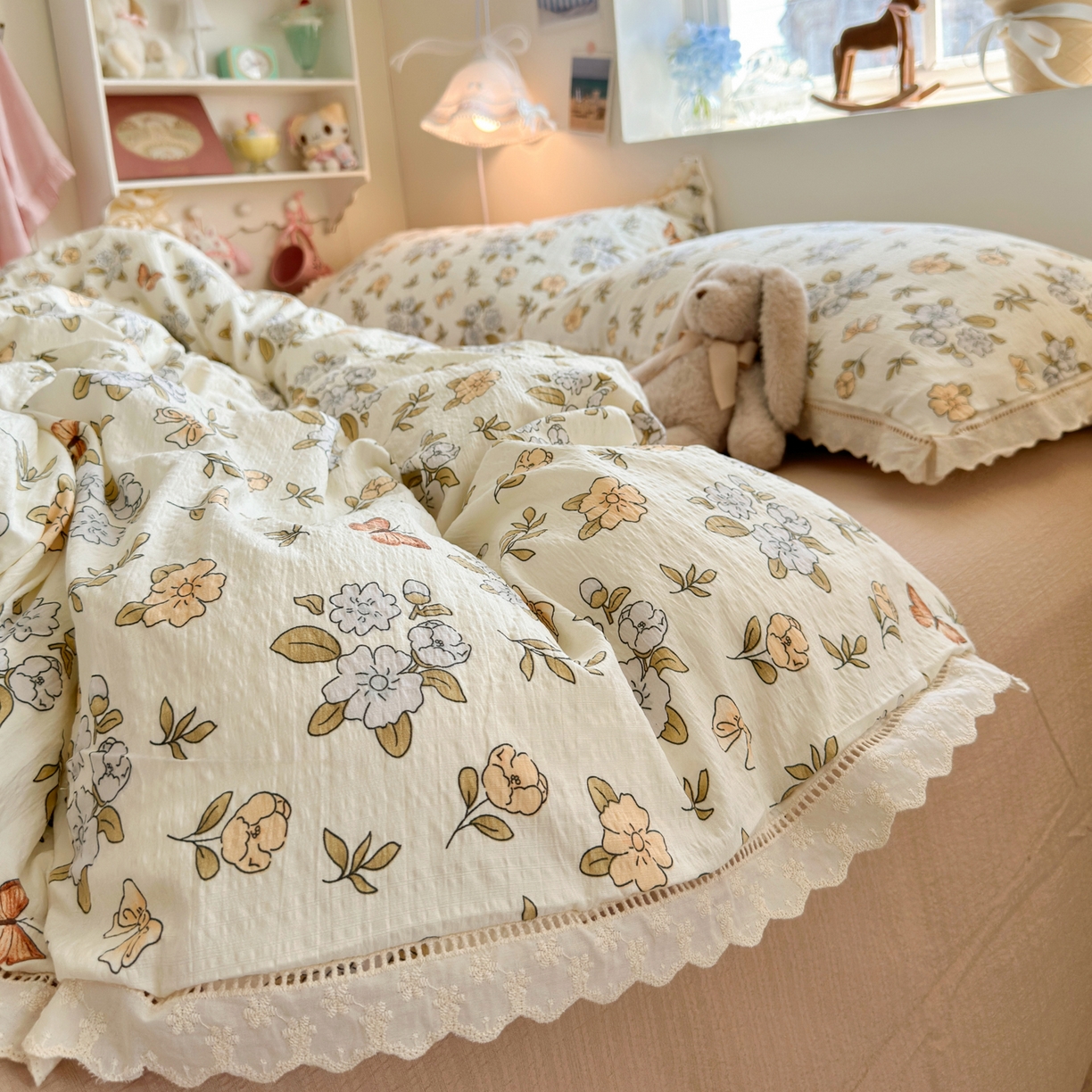 91家纺网 家纺一手货源 找家纺 优卡迪家纺馆 2025新款A类全棉镂空花边皱皱棉双层纱四件套 繁花