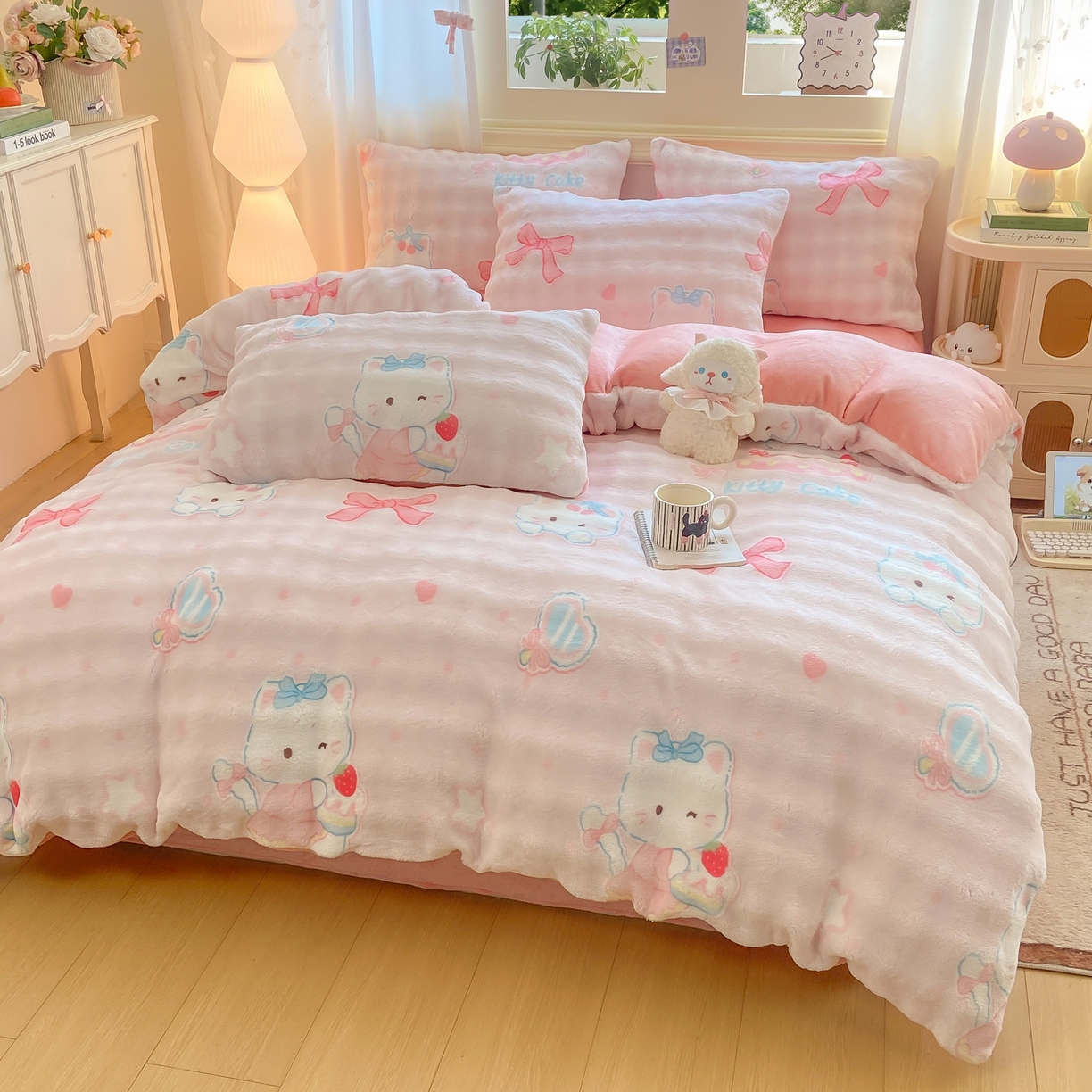 耐思家纺 2025新款泡泡牛奶绒印花四件套系列 泡泡-KT 猫