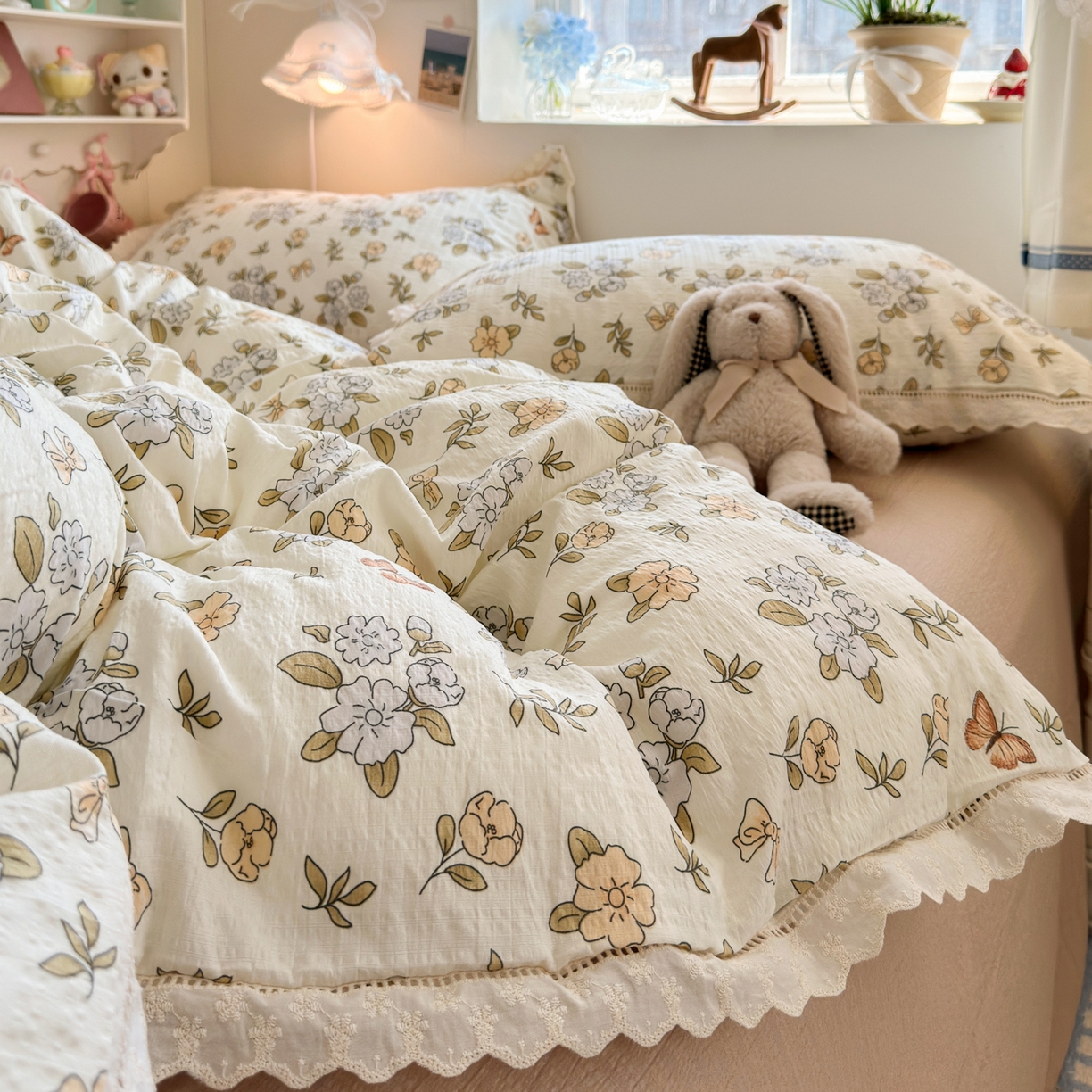 91家纺网 家纺一手货源 找家纺 优卡迪家纺馆 2025新款A类全棉镂空花边皱皱棉双层纱四件套 繁花