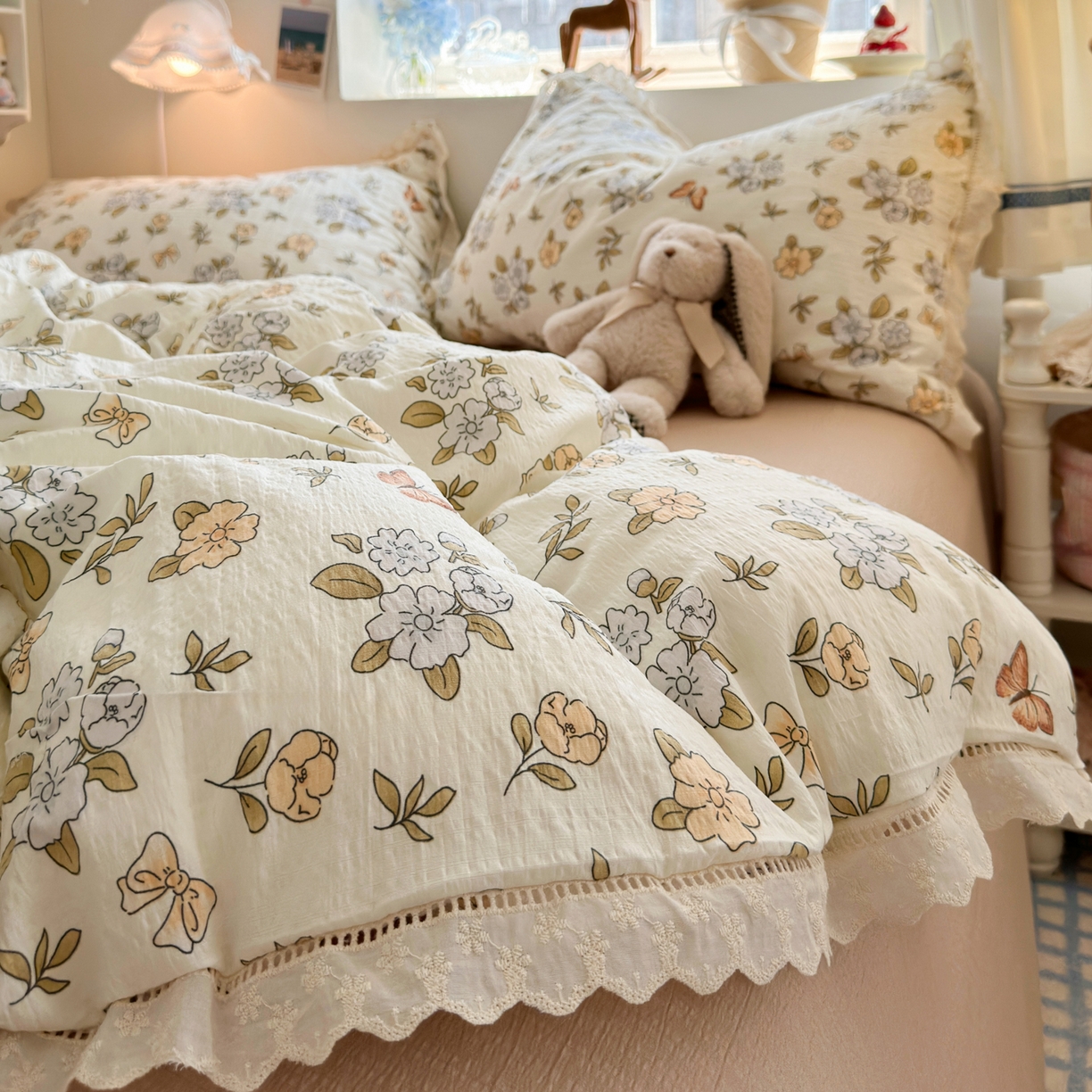 91家纺网 家纺一手货源 找家纺 优卡迪家纺馆 2025新款A类全棉镂空花边皱皱棉双层纱四件套 繁花