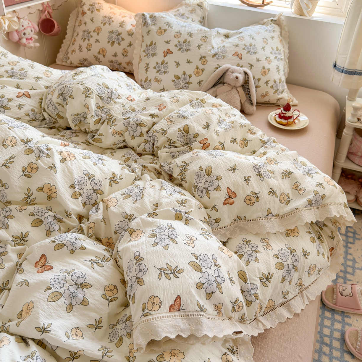 91家纺网 家纺一手货源 找家纺 优卡迪家纺馆 2025新款A类全棉镂空花边皱皱棉双层纱四件套 繁花