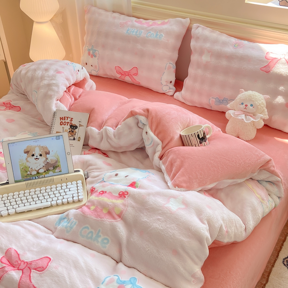 91家纺网 家纺一手货源 找家纺 耐思家纺 2025新款泡泡牛奶绒印花四件套系列 泡泡-KT 猫