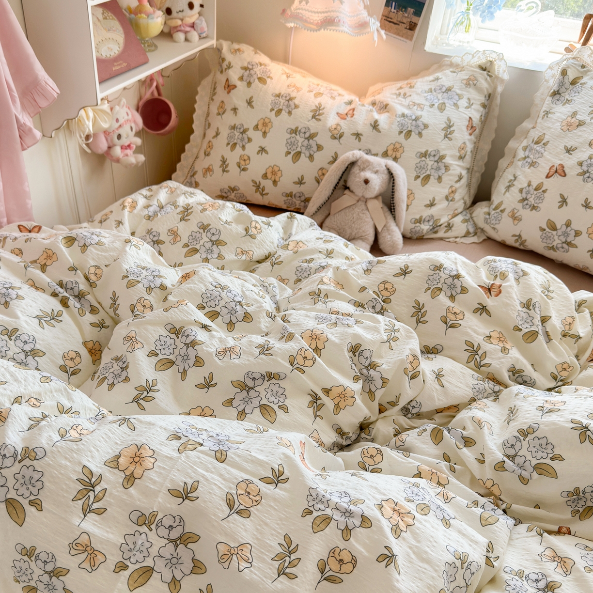 91家纺网 家纺一手货源 找家纺 优卡迪家纺馆 2025新款A类全棉镂空花边皱皱棉双层纱四件套 繁花