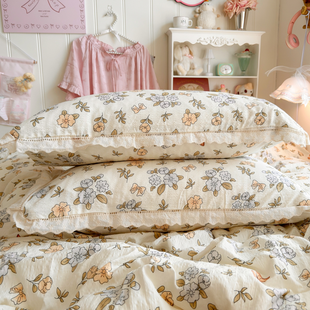 91家纺网 家纺一手货源 找家纺 优卡迪家纺馆 2025新款A类全棉镂空花边皱皱棉双层纱四件套 繁花