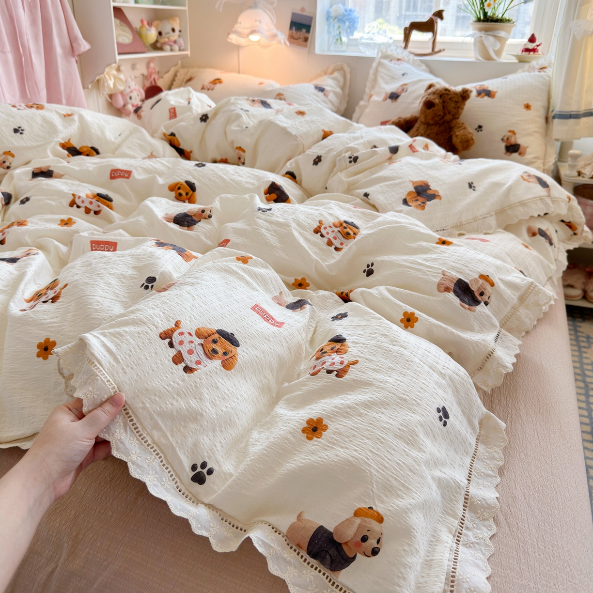 91家纺网 家纺一手货源 找家纺 优卡迪家纺馆 2025新款A类全棉镂空花边皱皱棉双层纱四件套 好伙伴