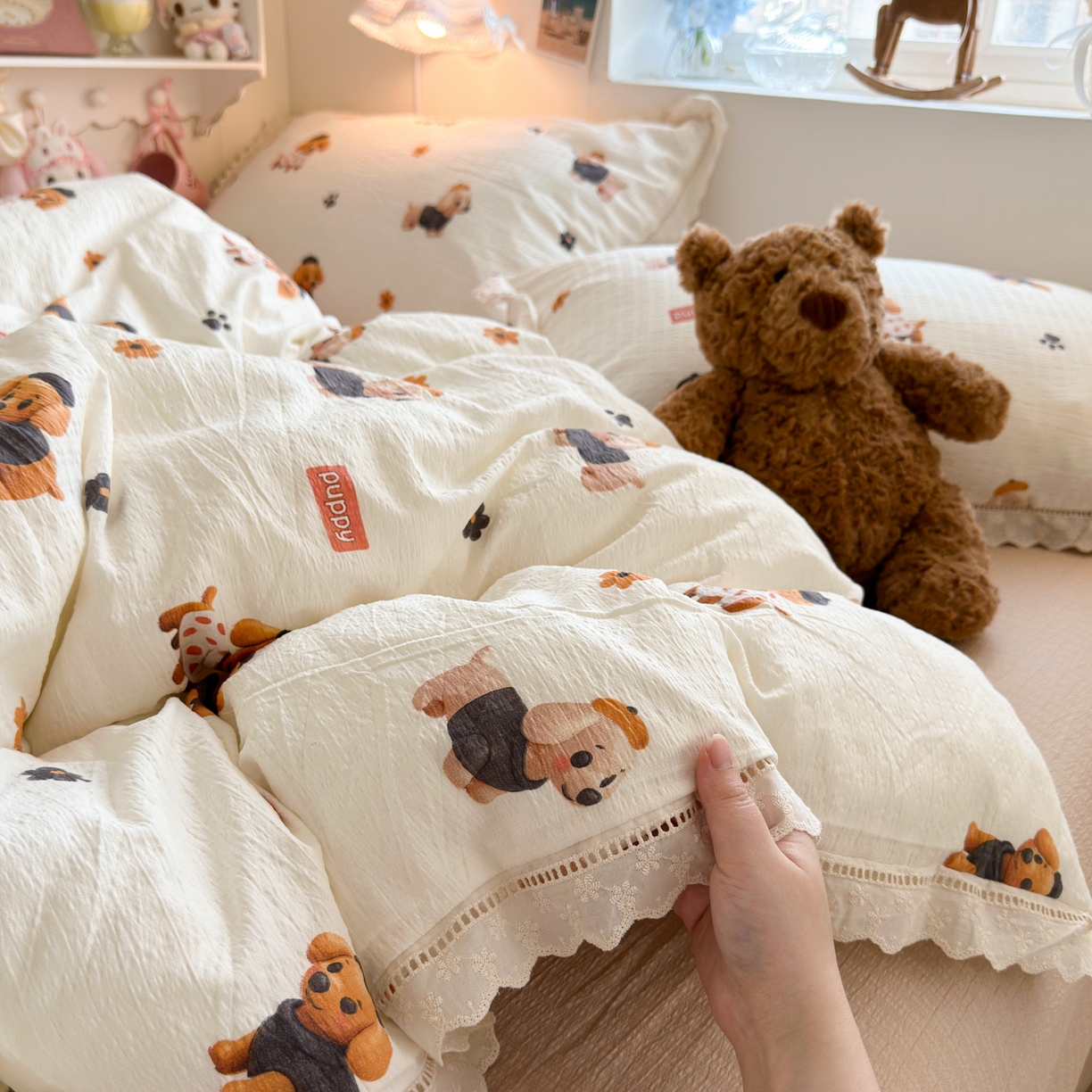 91家纺网 家纺一手货源 找家纺 优卡迪家纺馆 2025新款A类全棉镂空花边皱皱棉双层纱四件套 好伙伴