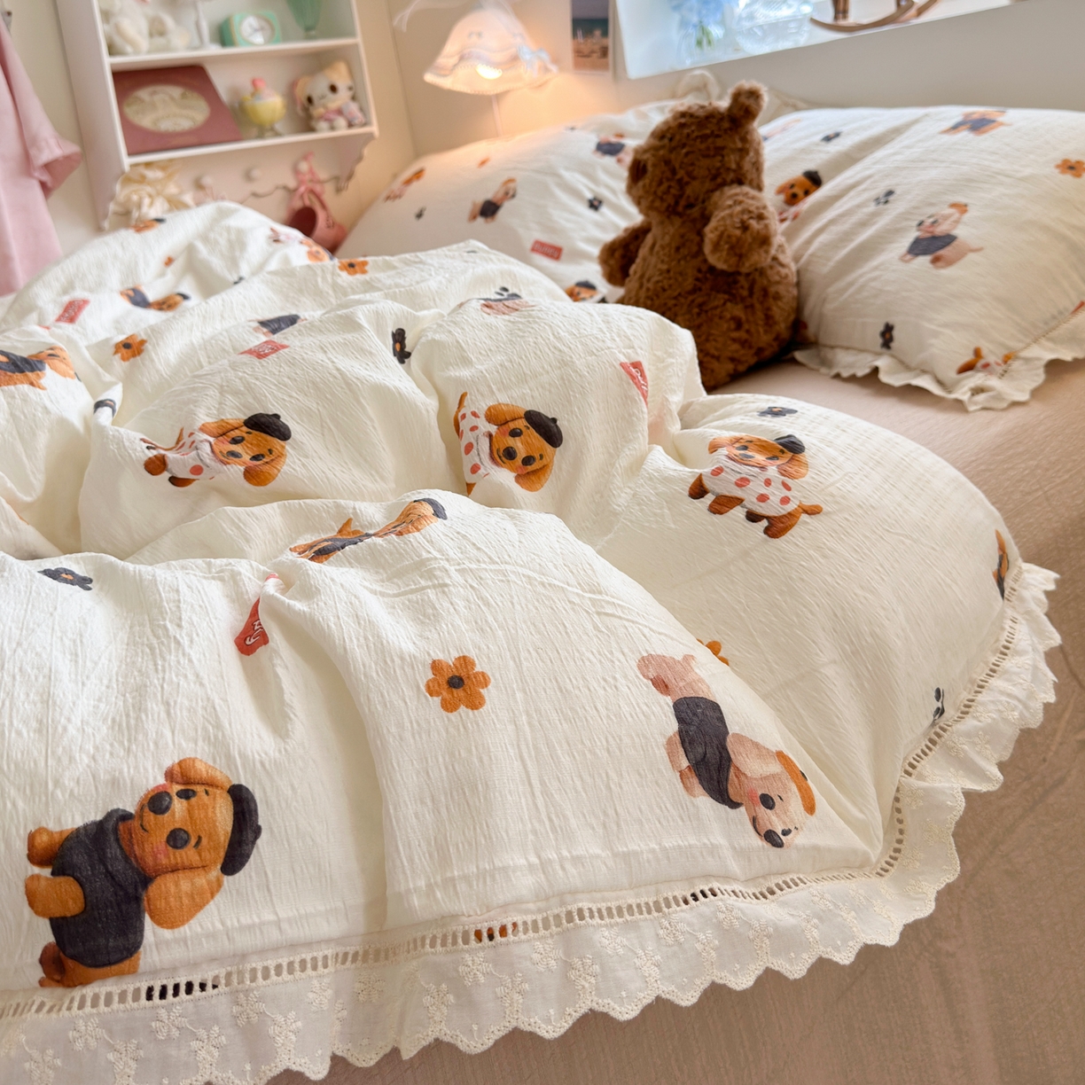 91家纺网 家纺一手货源 找家纺 优卡迪家纺馆 2025新款A类全棉镂空花边皱皱棉双层纱四件套 好伙伴