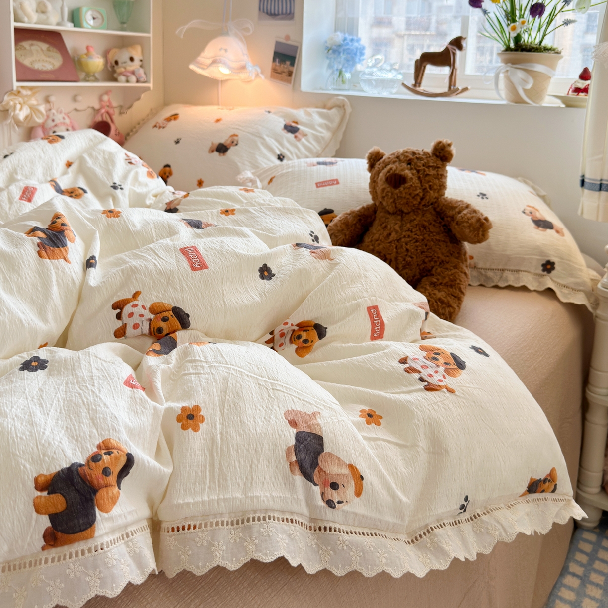 91家纺网 家纺一手货源 找家纺 优卡迪家纺馆 2025新款A类全棉镂空花边皱皱棉双层纱四件套 好伙伴