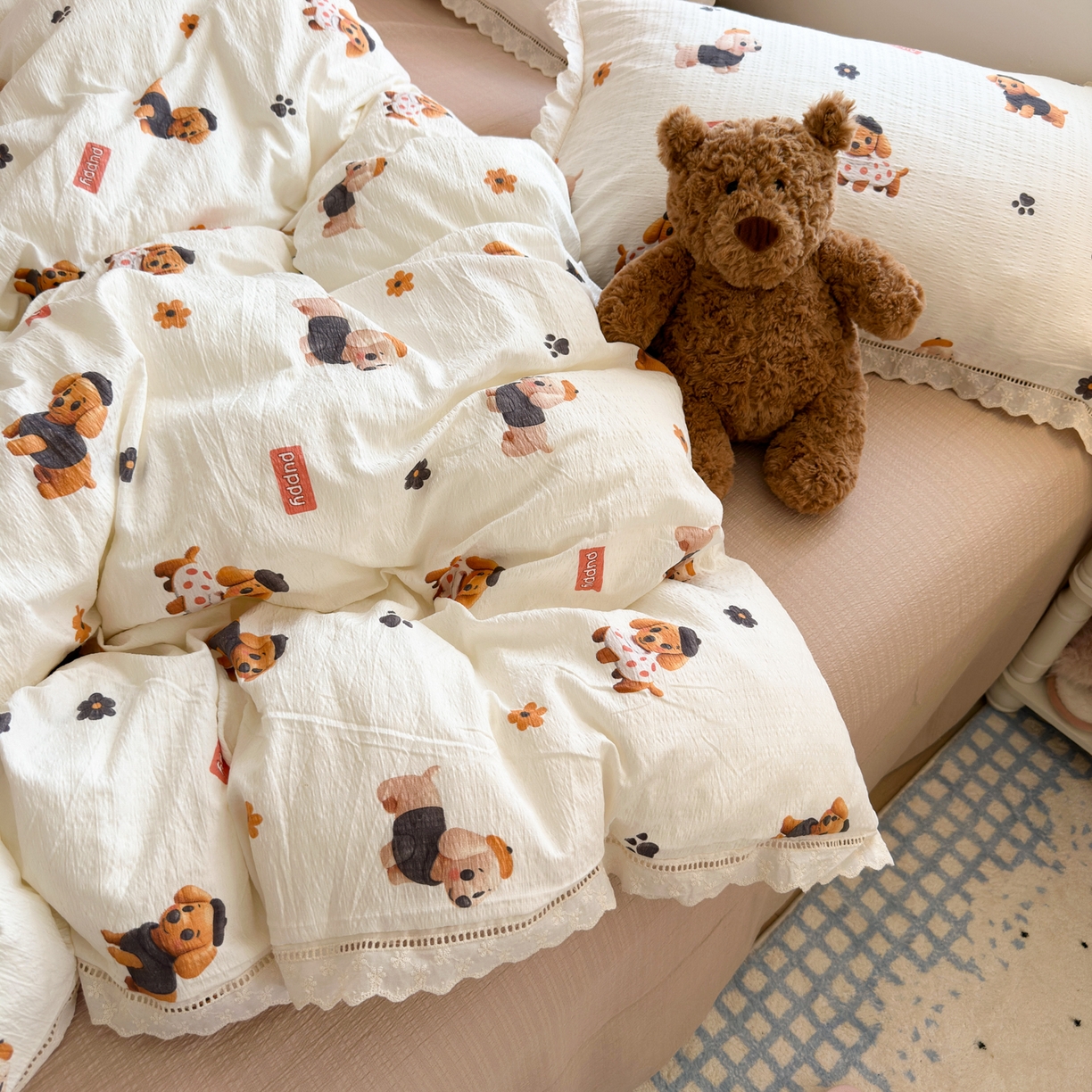 91家纺网 家纺一手货源 找家纺 优卡迪家纺馆 2025新款A类全棉镂空花边皱皱棉双层纱四件套 好伙伴