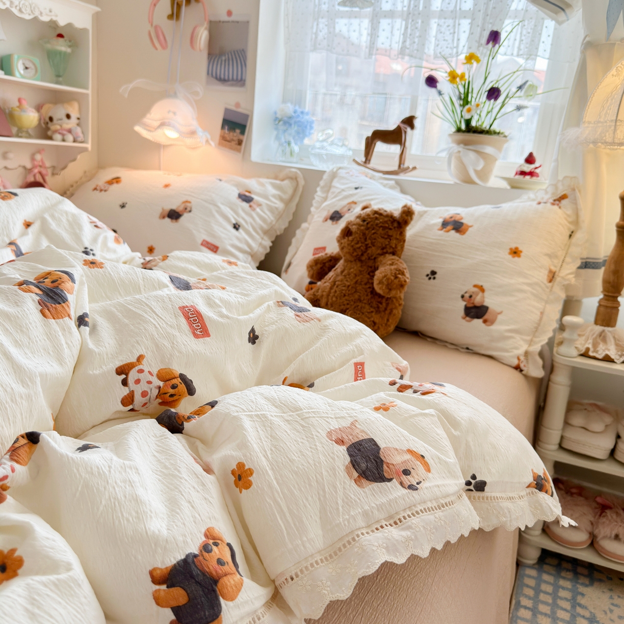 91家纺网 家纺一手货源 找家纺 优卡迪家纺馆 2025新款A类全棉镂空花边皱皱棉双层纱四件套 好伙伴