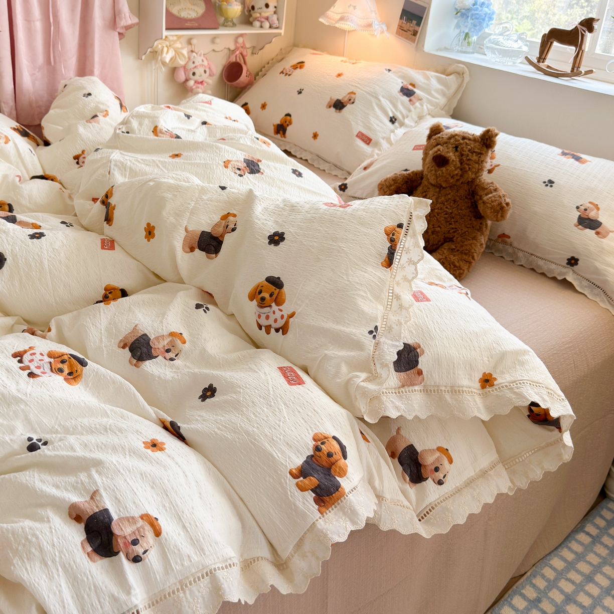 91家纺网 家纺一手货源 找家纺 优卡迪家纺馆 2025新款A类全棉镂空花边皱皱棉双层纱四件套 好伙伴