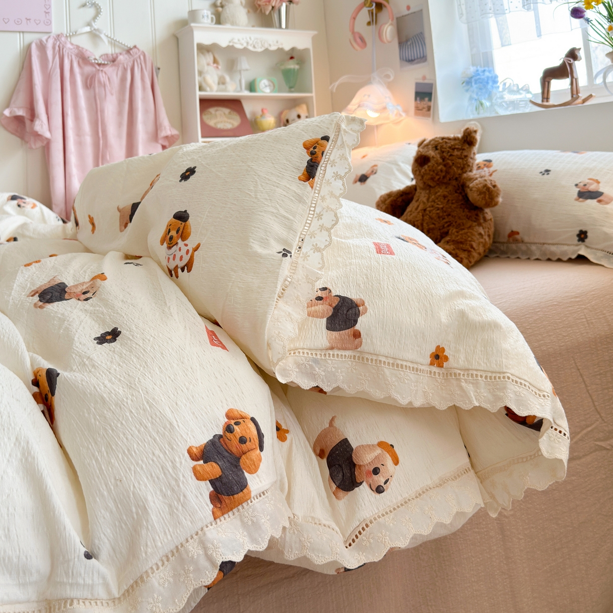 91家纺网 家纺一手货源 找家纺 优卡迪家纺馆 2025新款A类全棉镂空花边皱皱棉双层纱四件套 好伙伴