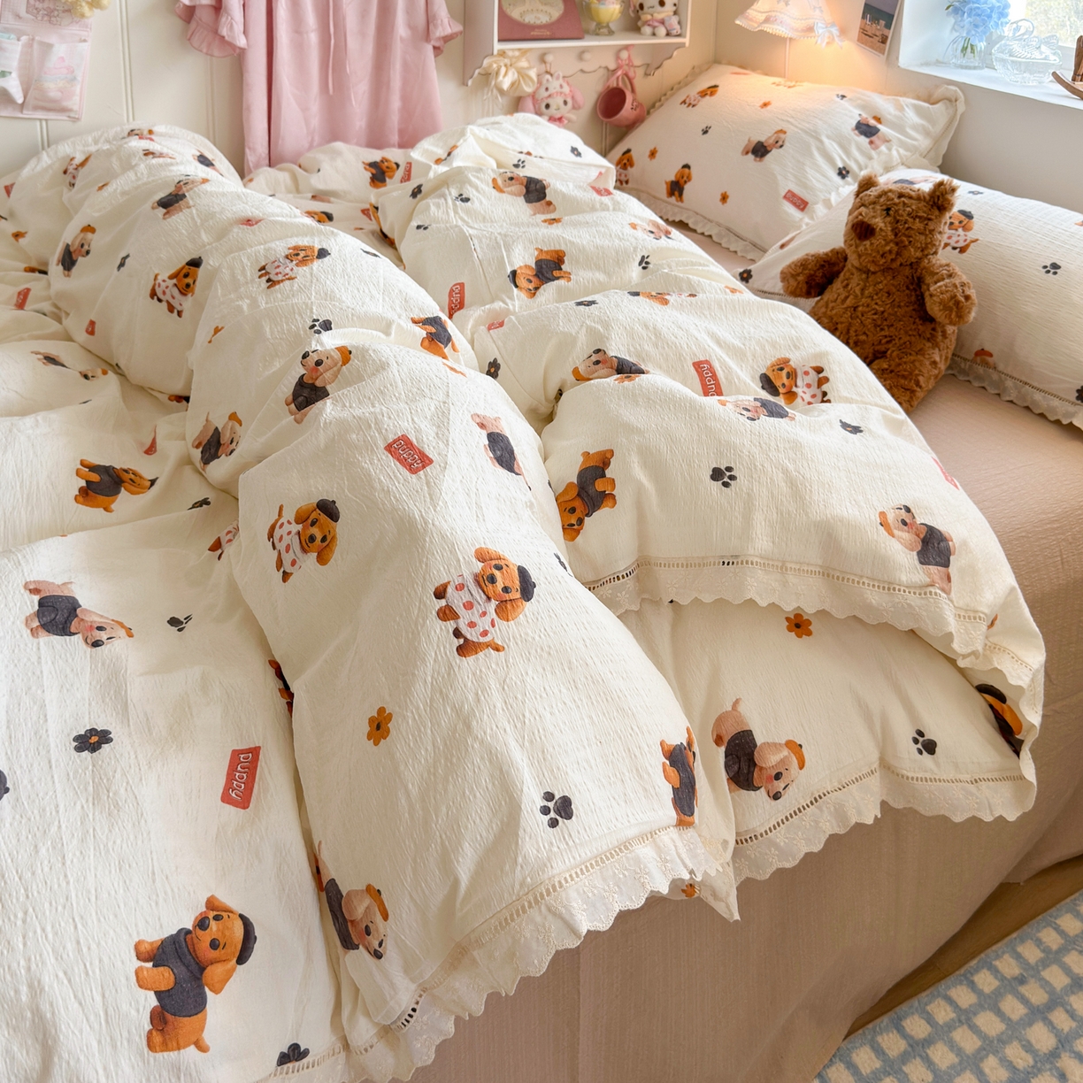 91家纺网 家纺一手货源 找家纺 优卡迪家纺馆 2025新款A类全棉镂空花边皱皱棉双层纱四件套 好伙伴