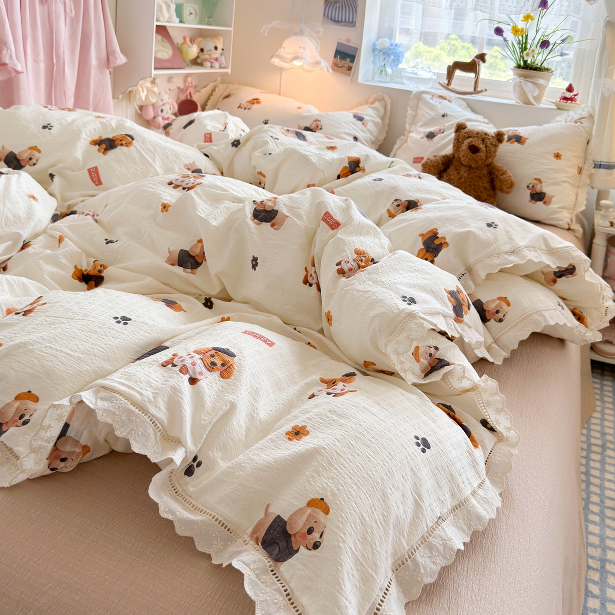 优卡迪家纺馆 2025新款A类全棉镂空花边皱皱棉双层纱四件套 好伙伴