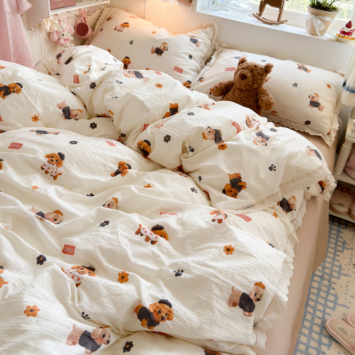 91家纺网 家纺一手货源 找家纺 优卡迪家纺馆 2025新款A类全棉镂空花边皱皱棉双层纱四件套 好伙伴