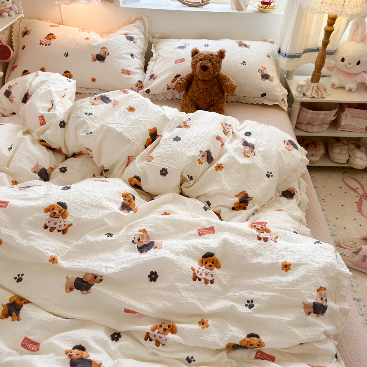 91家纺网 家纺一手货源 找家纺 优卡迪家纺馆 2025新款A类全棉镂空花边皱皱棉双层纱四件套 好伙伴