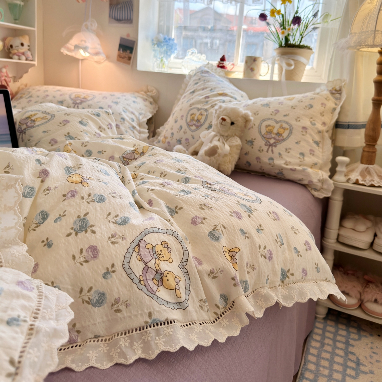 91家纺网 家纺一手货源 找家纺 优卡迪家纺馆 2025新款A类全棉镂空花边皱皱棉双层纱四件套 花香浮梦