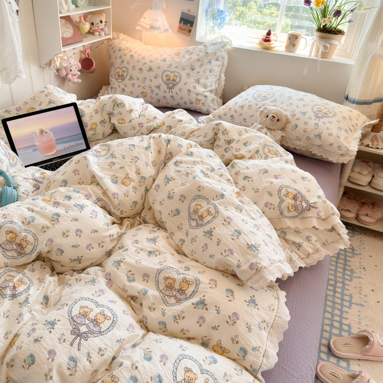 91家纺网 家纺一手货源 找家纺 优卡迪家纺馆 2025新款A类全棉镂空花边皱皱棉双层纱四件套 花香浮梦