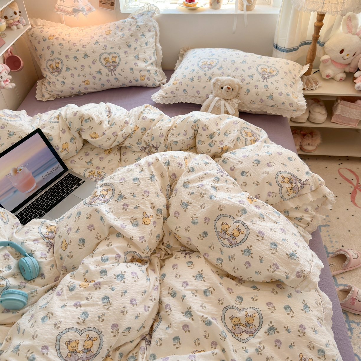 91家纺网 家纺一手货源 找家纺 优卡迪家纺馆 2025新款A类全棉镂空花边皱皱棉双层纱四件套 花香浮梦