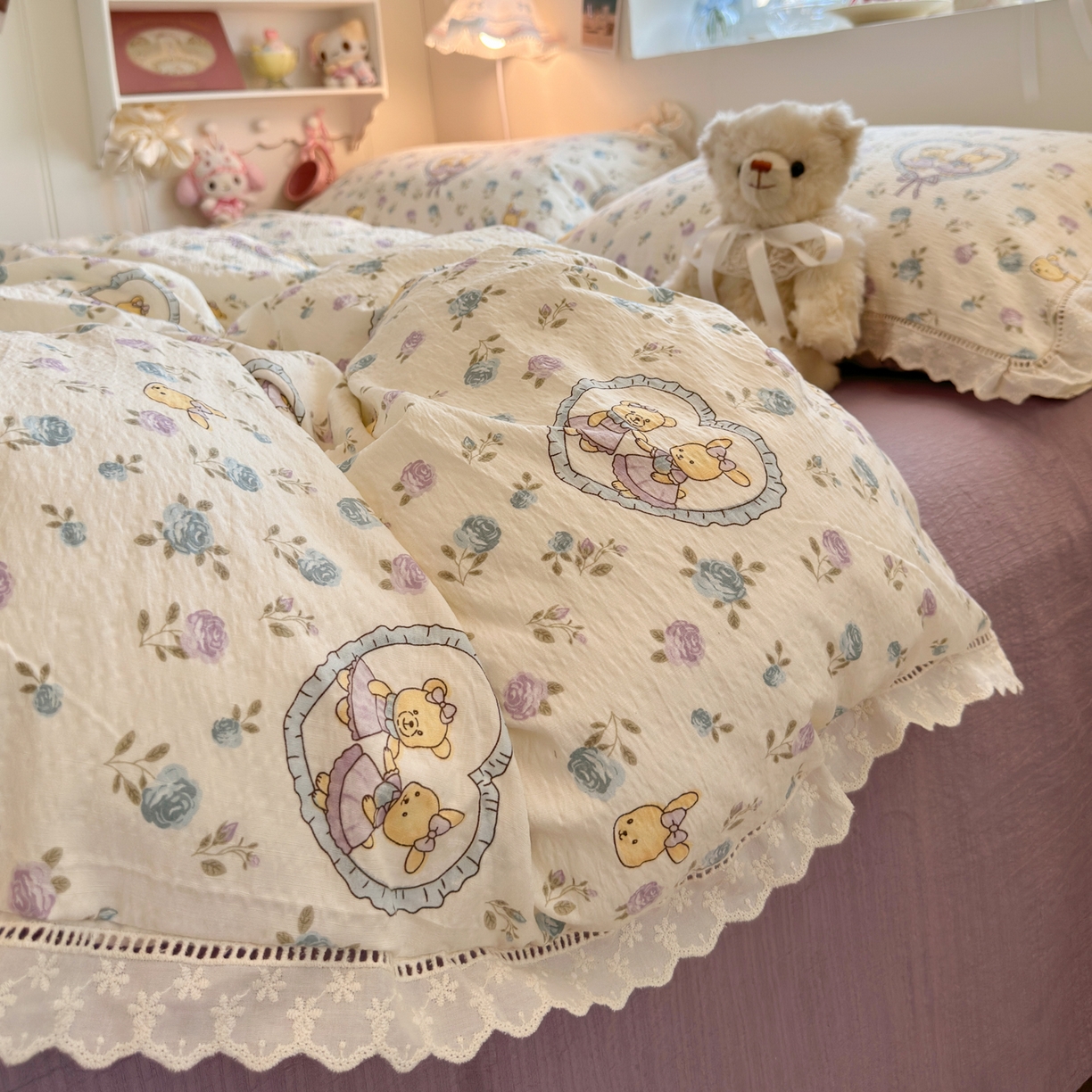 91家纺网 家纺一手货源 找家纺 优卡迪家纺馆 2025新款A类全棉镂空花边皱皱棉双层纱四件套 花香浮梦