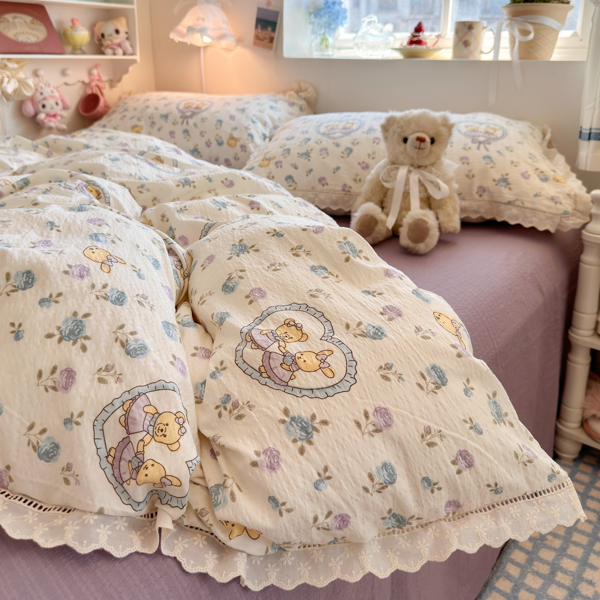 91家纺网 家纺一手货源 找家纺 优卡迪家纺馆 2025新款A类全棉镂空花边皱皱棉双层纱四件套 花香浮梦