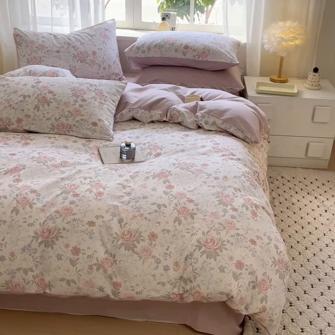 91家纺网 家纺一手货源 找家纺 涵宸家纺 2025新款原棉加厚磨毛印花四件套 花田与夏