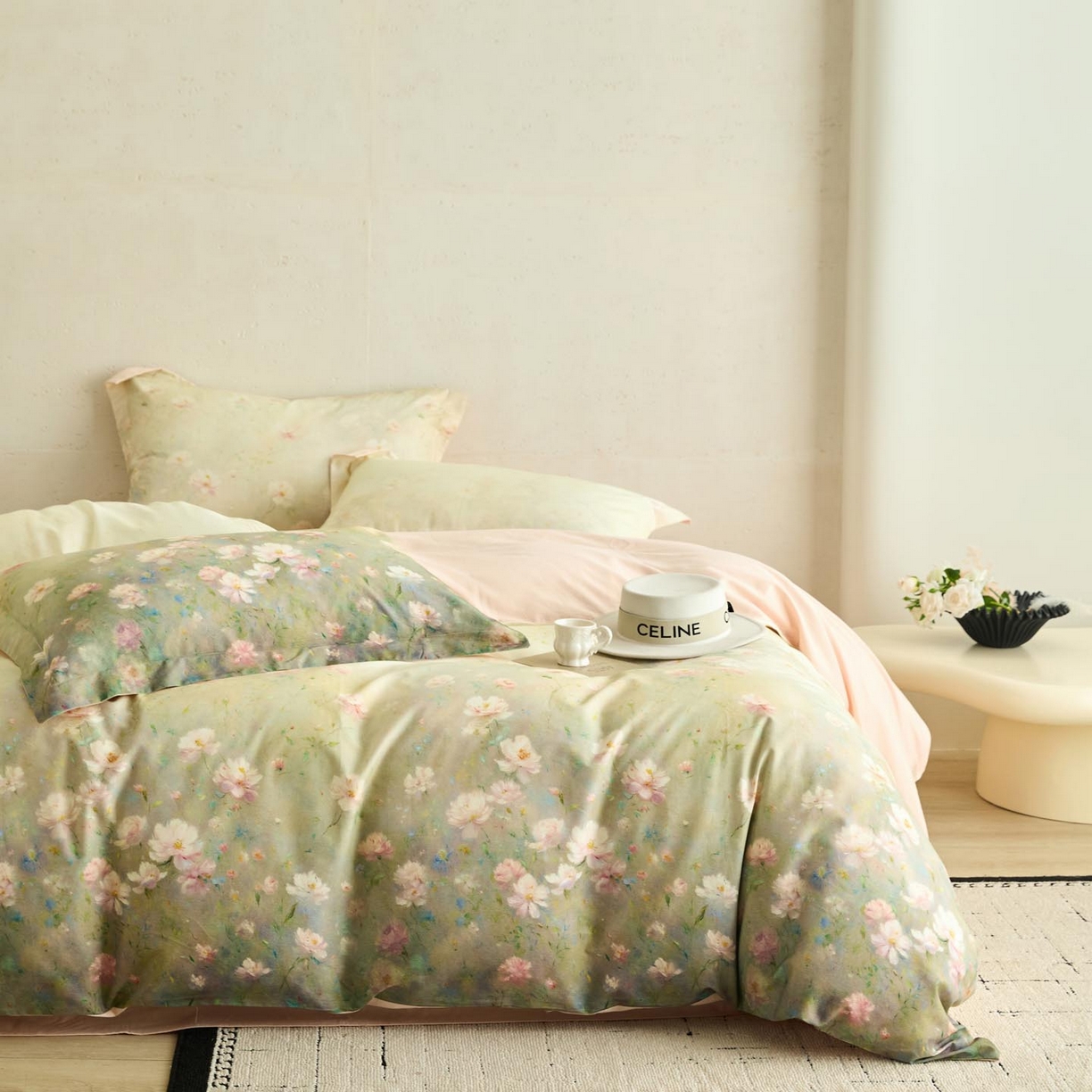 91家纺网 家纺一手货源 找家纺 涵宸家纺 2025新款50S磨毛基础款四件套【更多花型 联系商家电话：17798859966 微信同号，网站：www.hanchenjf.com】 樱洛（绿）