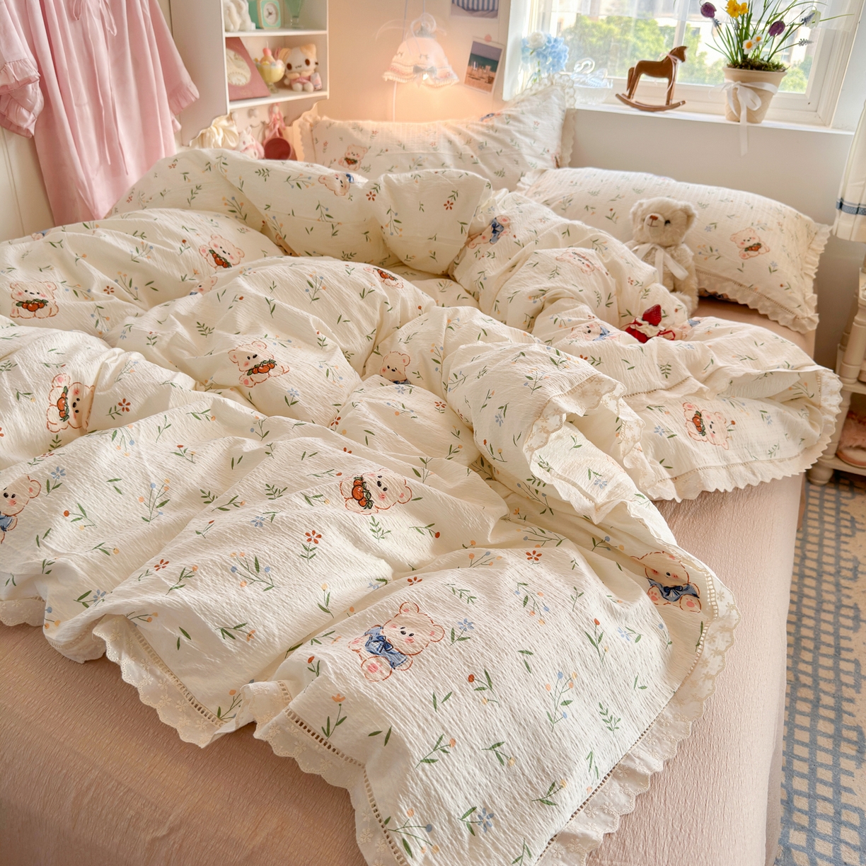 优卡迪家纺馆 2025新款A类全棉镂空花边皱皱棉双层纱四件套 可比熊