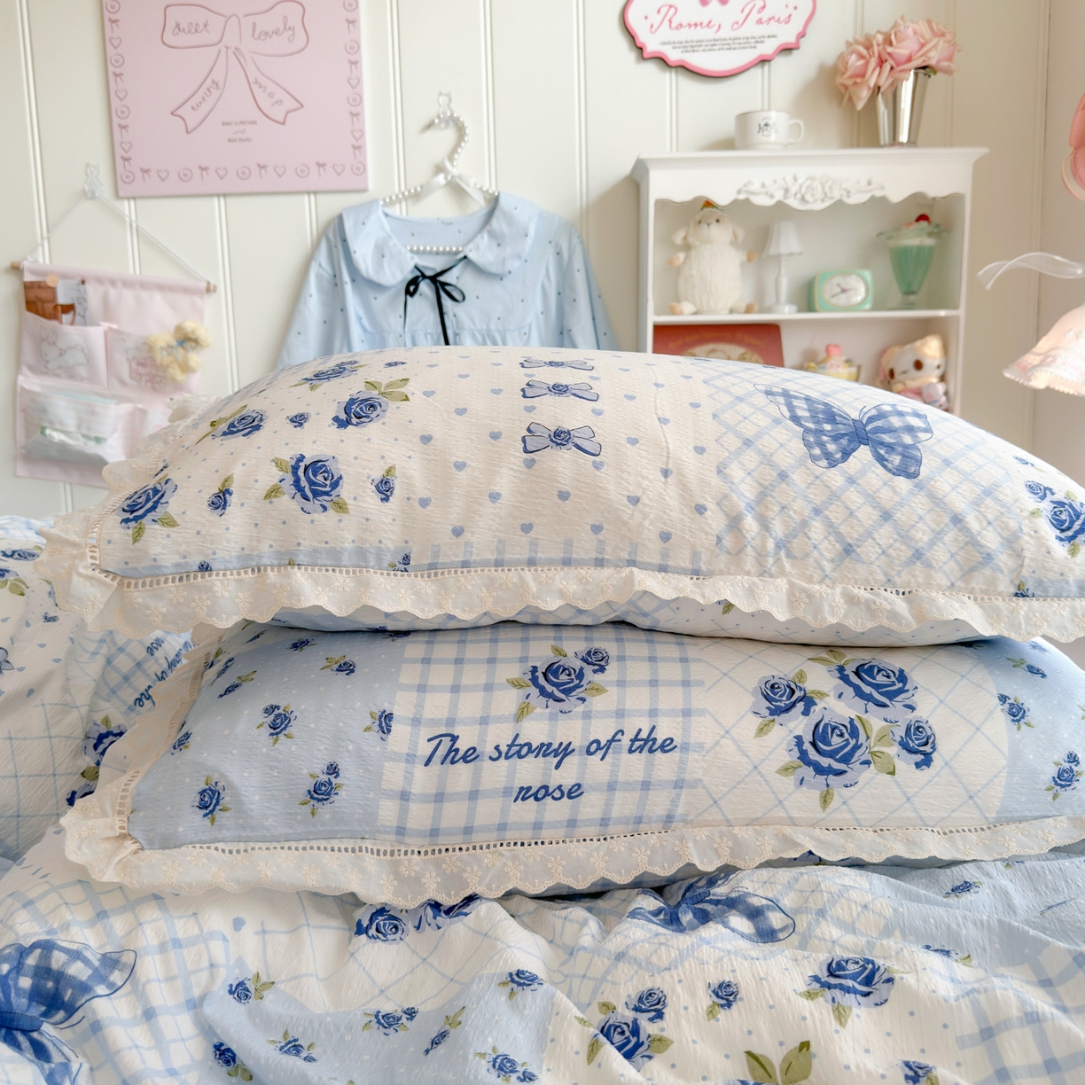 91家纺网 家纺一手货源 找家纺 优卡迪家纺馆 2025新款A类全棉镂空花边皱皱棉双层纱四件套 蓝玫之约