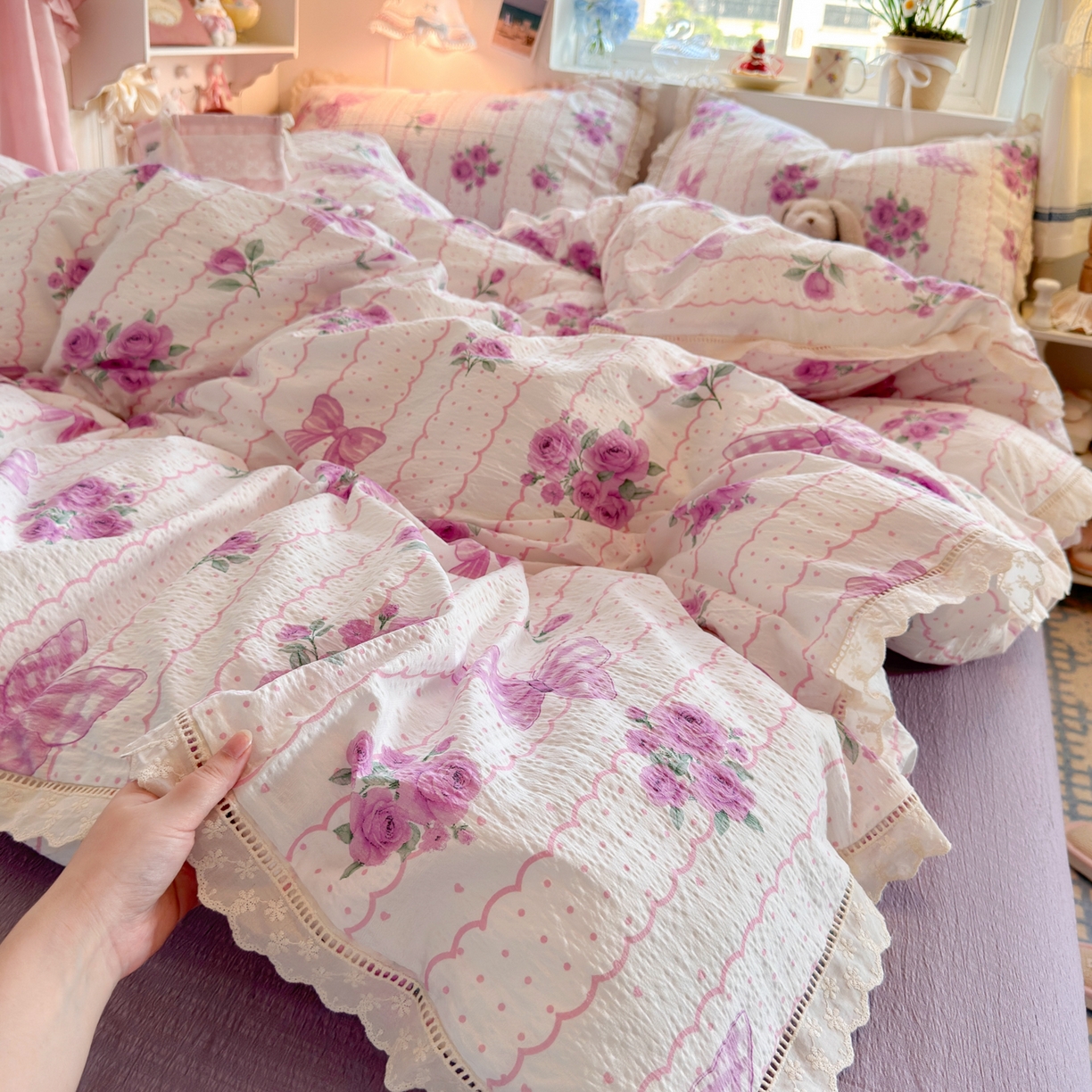 91家纺网 家纺一手货源 找家纺 优卡迪家纺馆 2025新款A类全棉镂空花边皱皱棉双层纱四件套 流苏