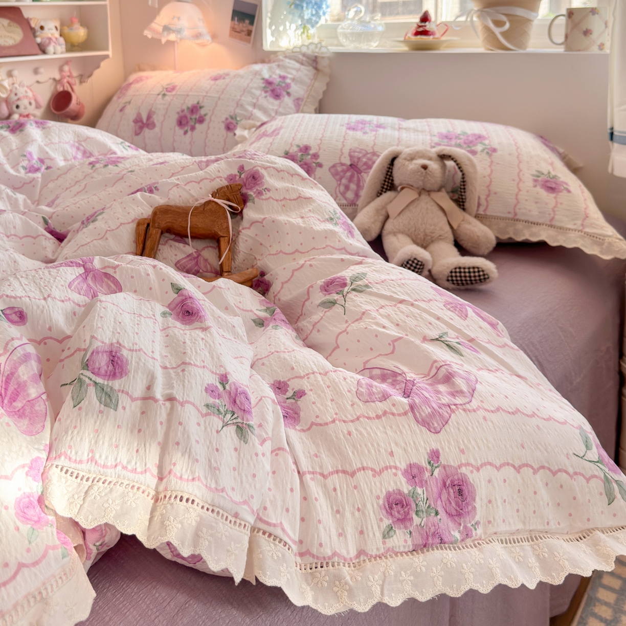 91家纺网 家纺一手货源 找家纺 优卡迪家纺馆 2025新款A类全棉镂空花边皱皱棉双层纱四件套 流苏