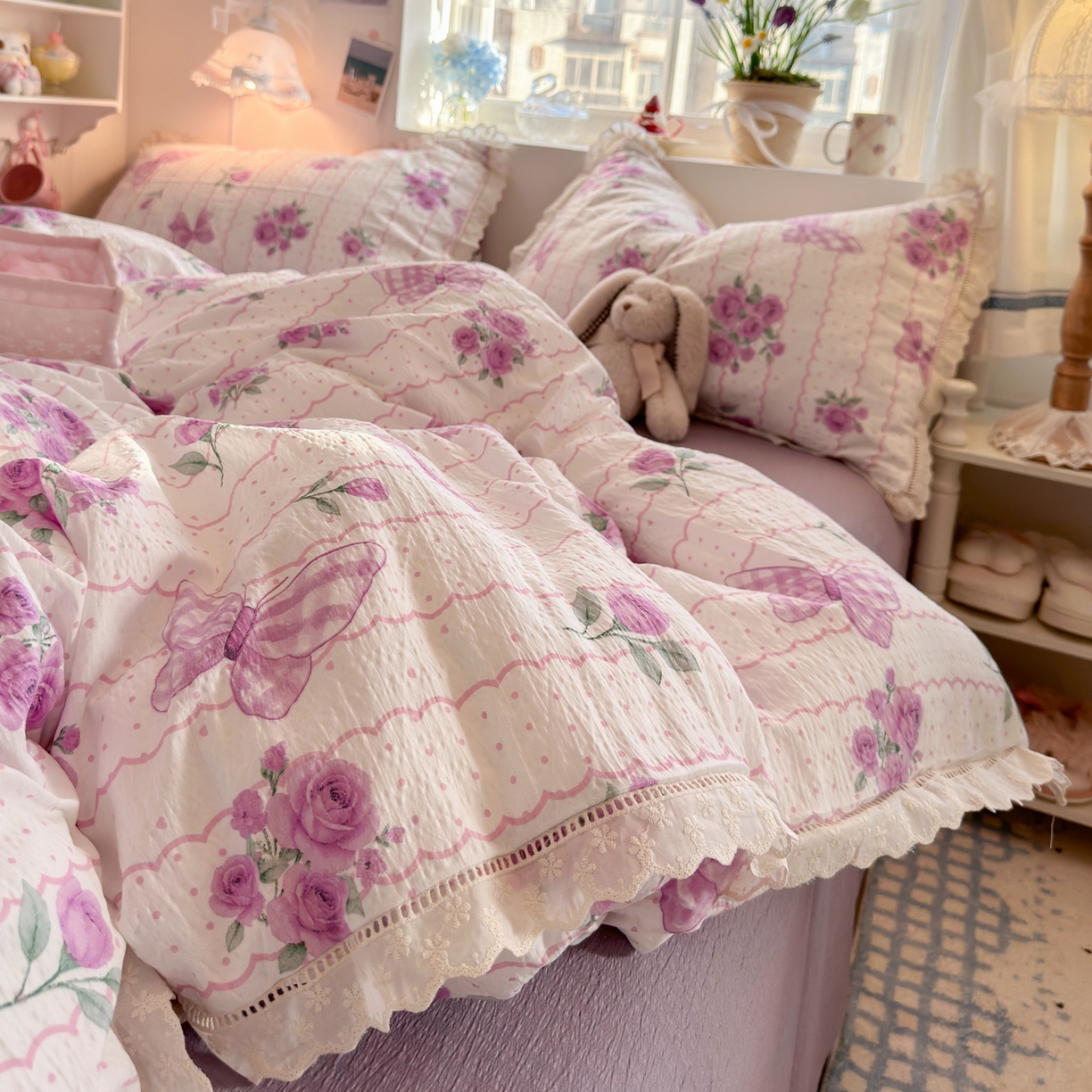 91家纺网 家纺一手货源 找家纺 优卡迪家纺馆 2025新款A类全棉镂空花边皱皱棉双层纱四件套 流苏