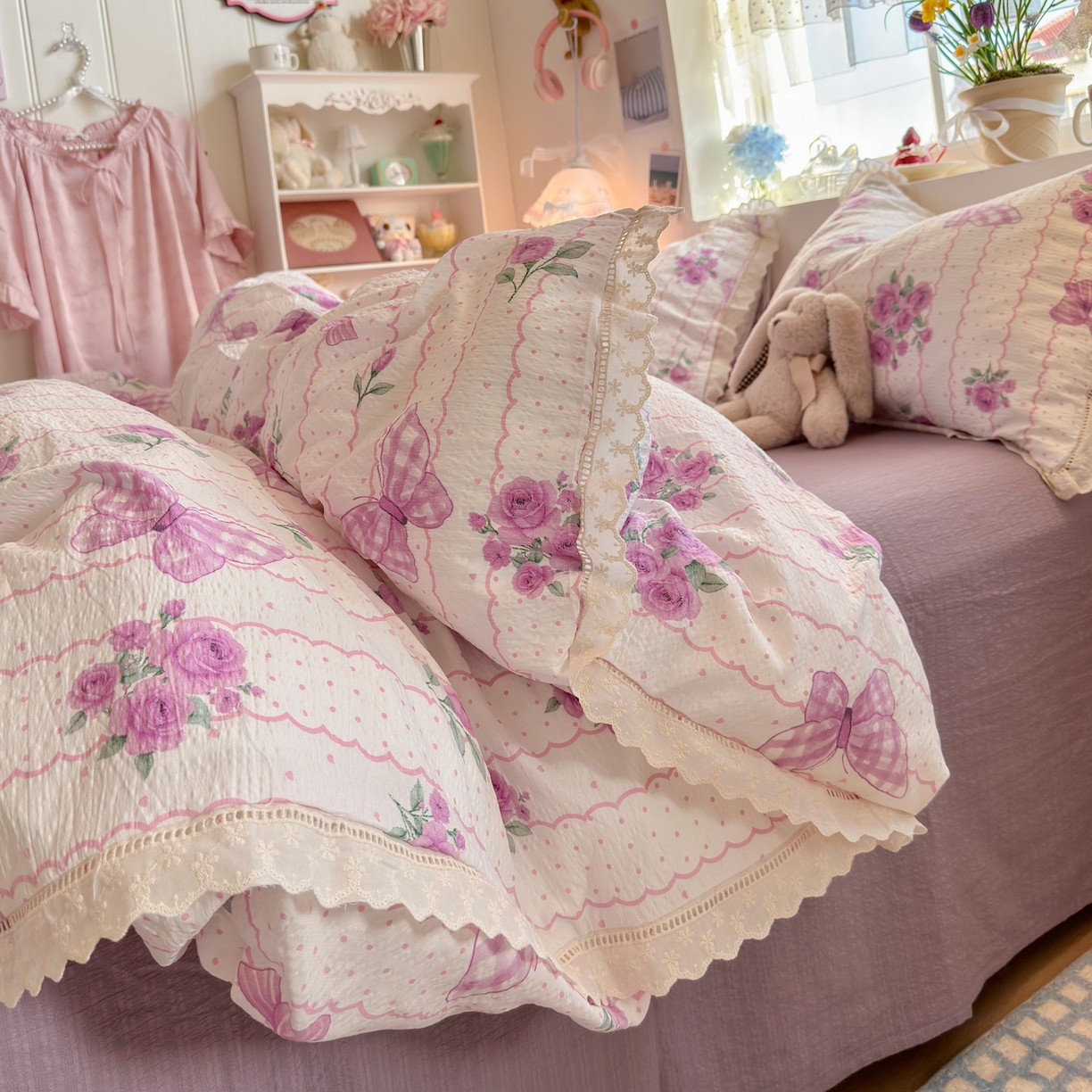 91家纺网 家纺一手货源 找家纺 优卡迪家纺馆 2025新款A类全棉镂空花边皱皱棉双层纱四件套 流苏