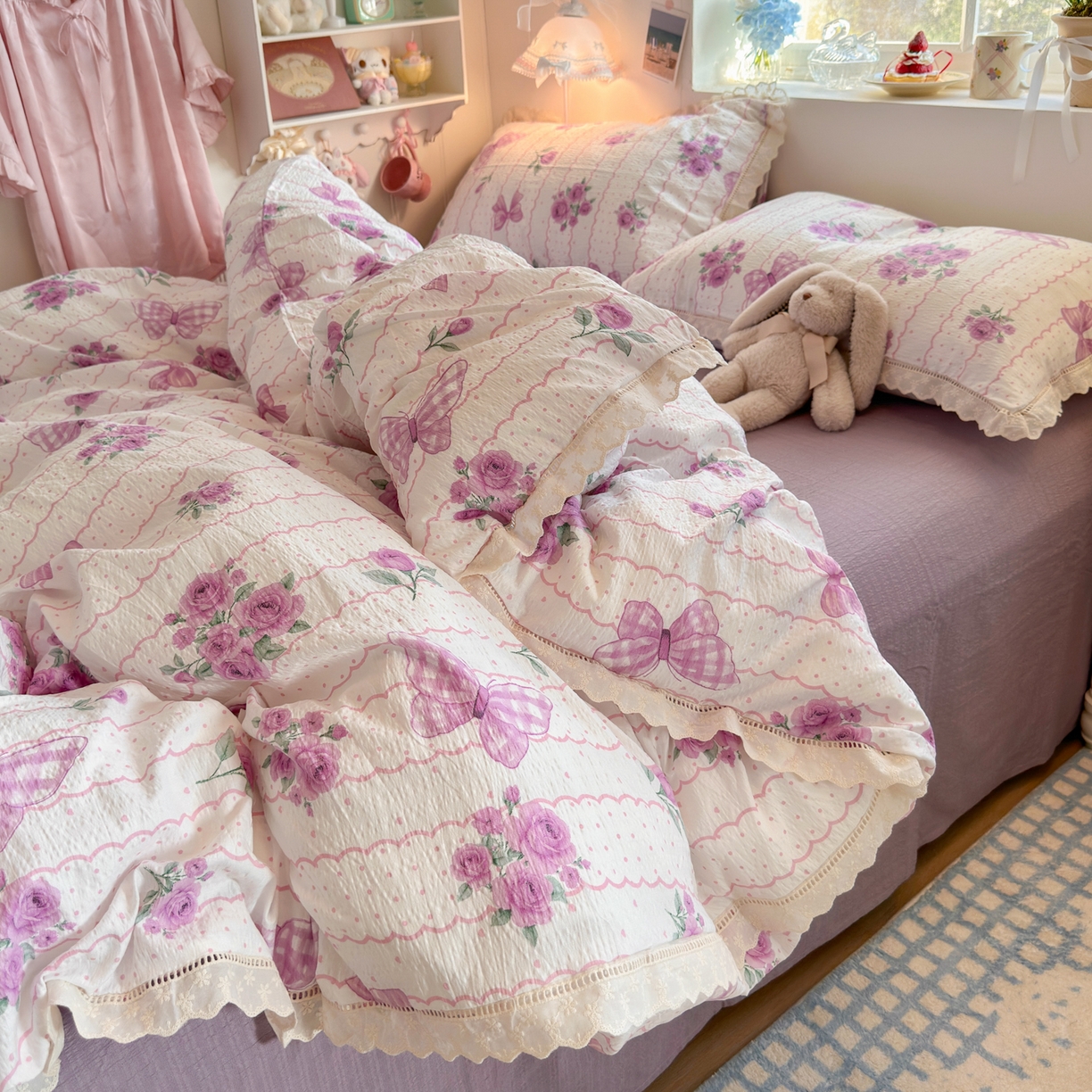 91家纺网 家纺一手货源 找家纺 优卡迪家纺馆 2025新款A类全棉镂空花边皱皱棉双层纱四件套 流苏