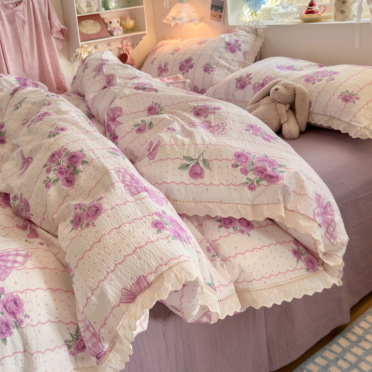 91家纺网 家纺一手货源 找家纺 优卡迪家纺馆 2025新款A类全棉镂空花边皱皱棉双层纱四件套 流苏