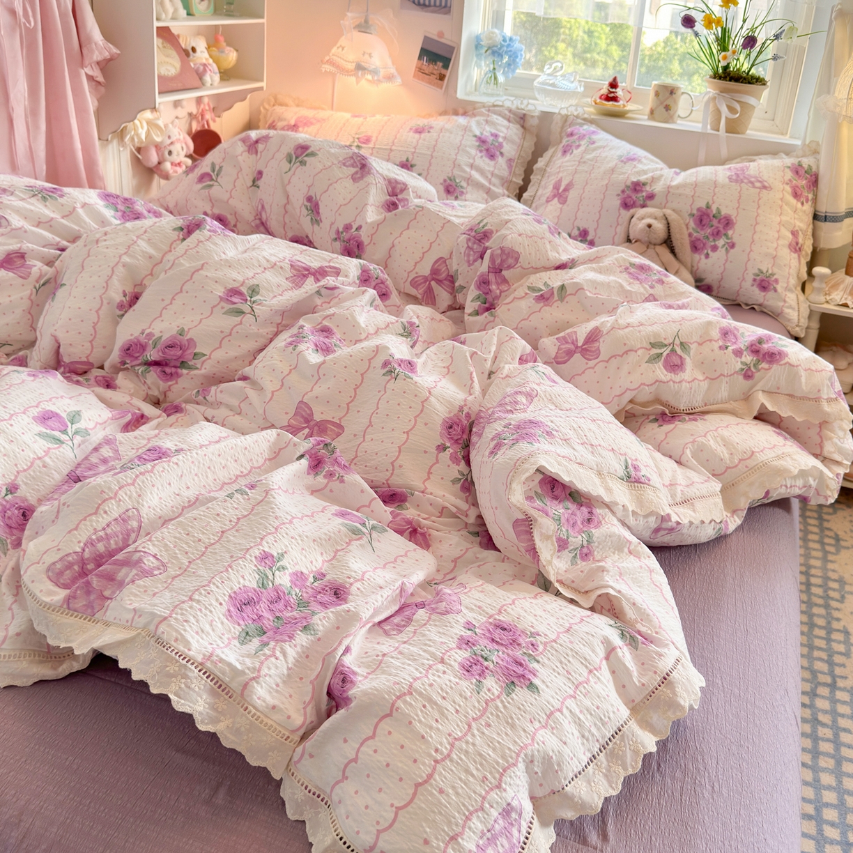 优卡迪家纺馆 2025新款A类全棉镂空花边皱皱棉双层纱四件套 流苏