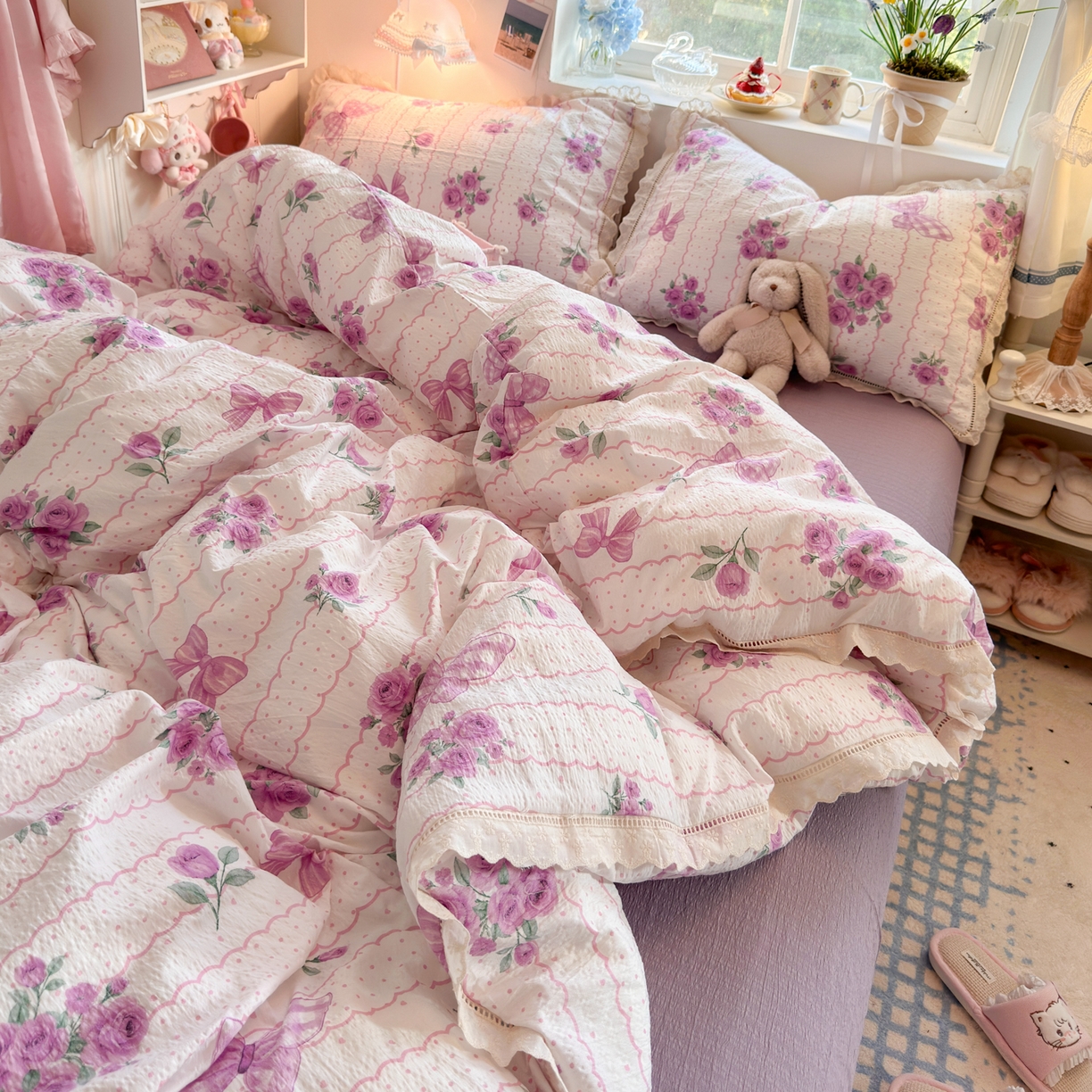 91家纺网 家纺一手货源 找家纺 优卡迪家纺馆 2025新款A类全棉镂空花边皱皱棉双层纱四件套 流苏