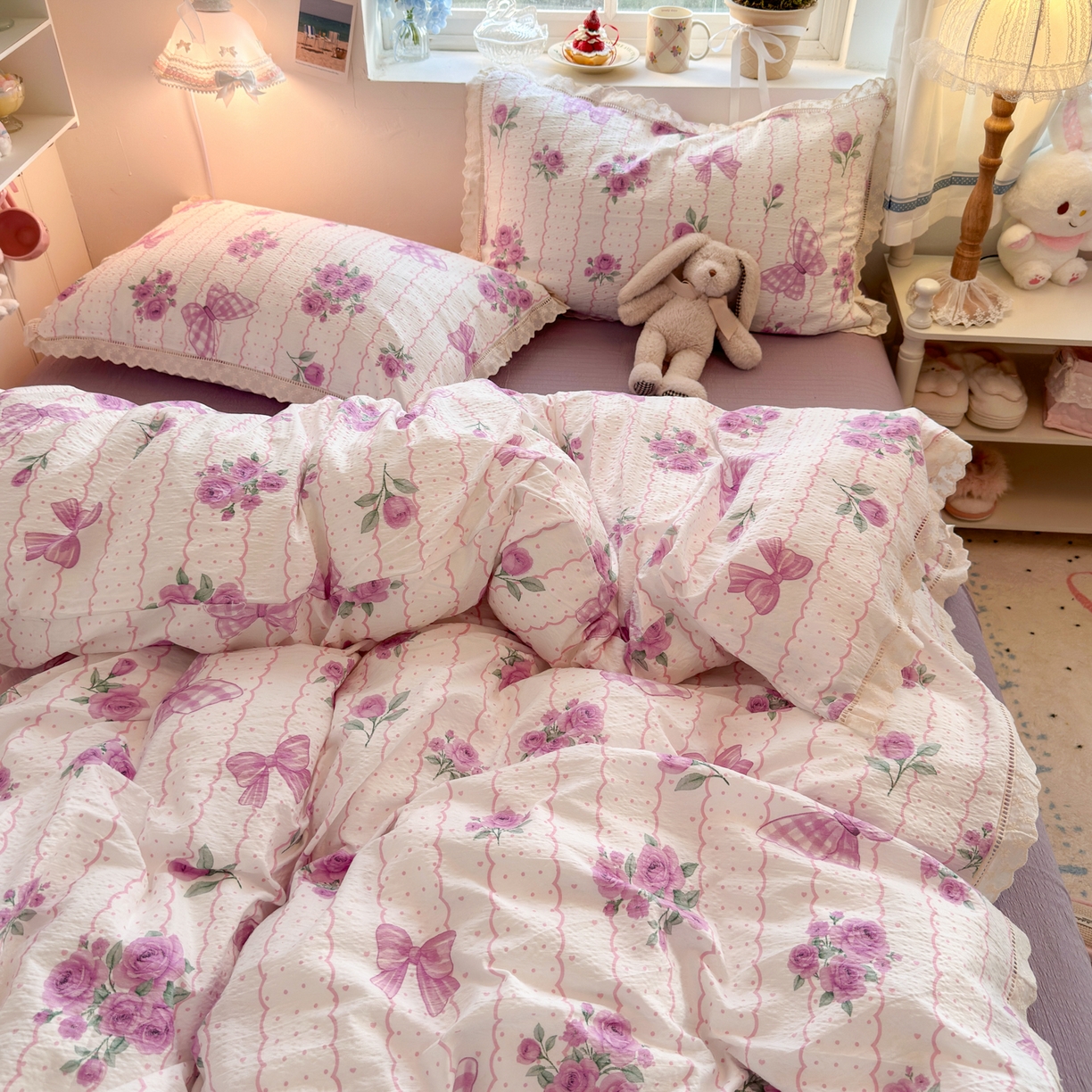 91家纺网 家纺一手货源 找家纺 优卡迪家纺馆 2025新款A类全棉镂空花边皱皱棉双层纱四件套 流苏