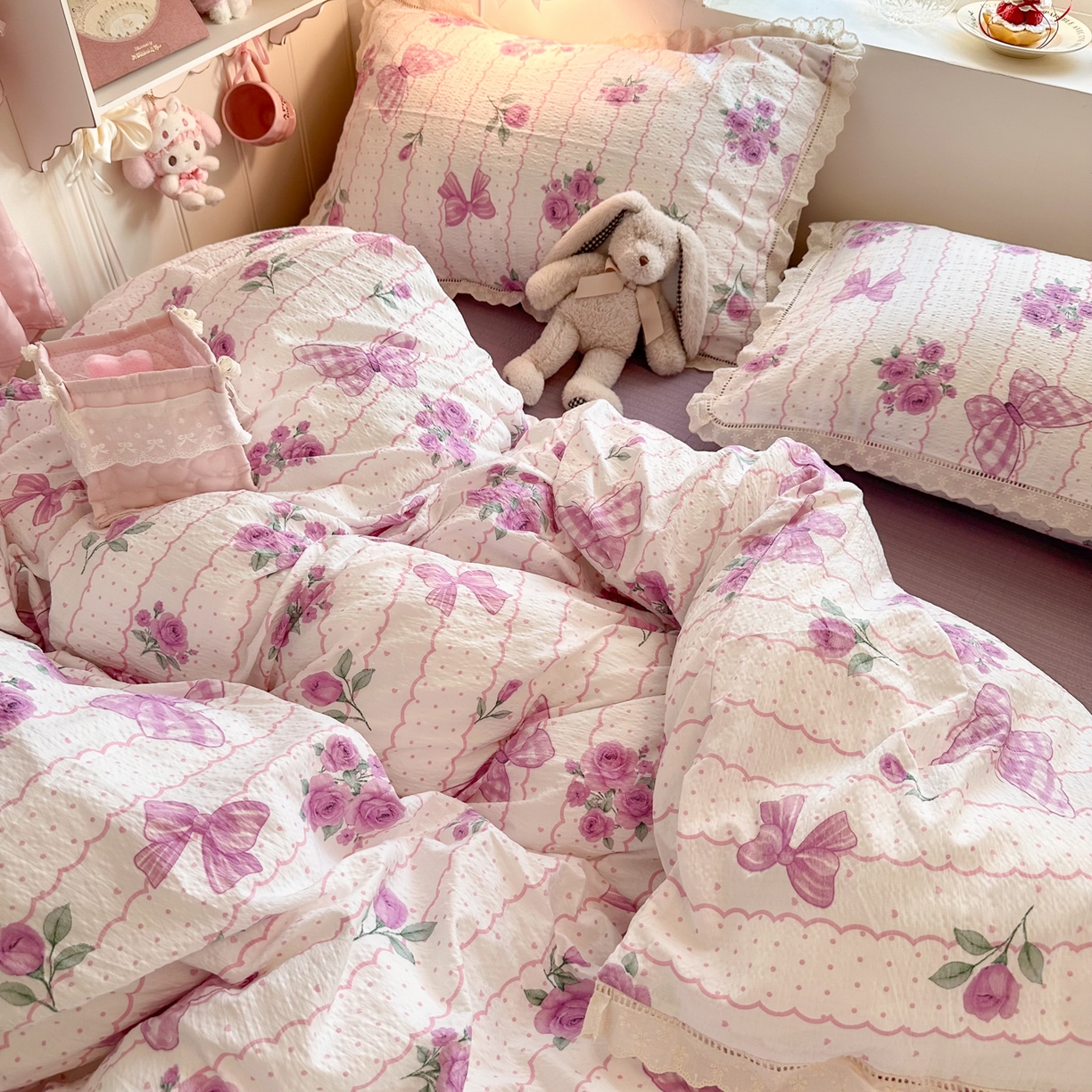 91家纺网 家纺一手货源 找家纺 优卡迪家纺馆 2025新款A类全棉镂空花边皱皱棉双层纱四件套 流苏