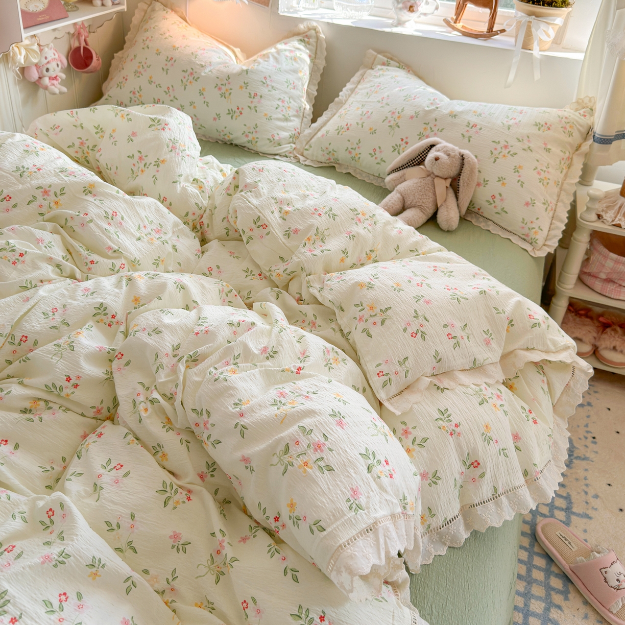 91家纺网 家纺一手货源 找家纺 优卡迪家纺馆 2025新款A类全棉镂空花边皱皱棉双层纱四件套 沁园春