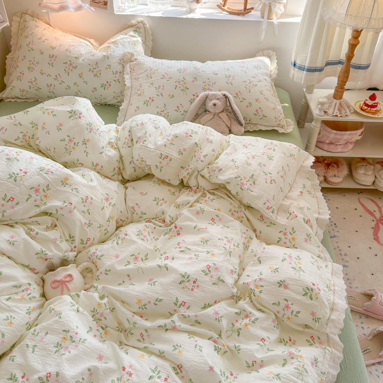 91家纺网 家纺一手货源 找家纺 优卡迪家纺馆 2025新款A类全棉镂空花边皱皱棉双层纱四件套 沁园春